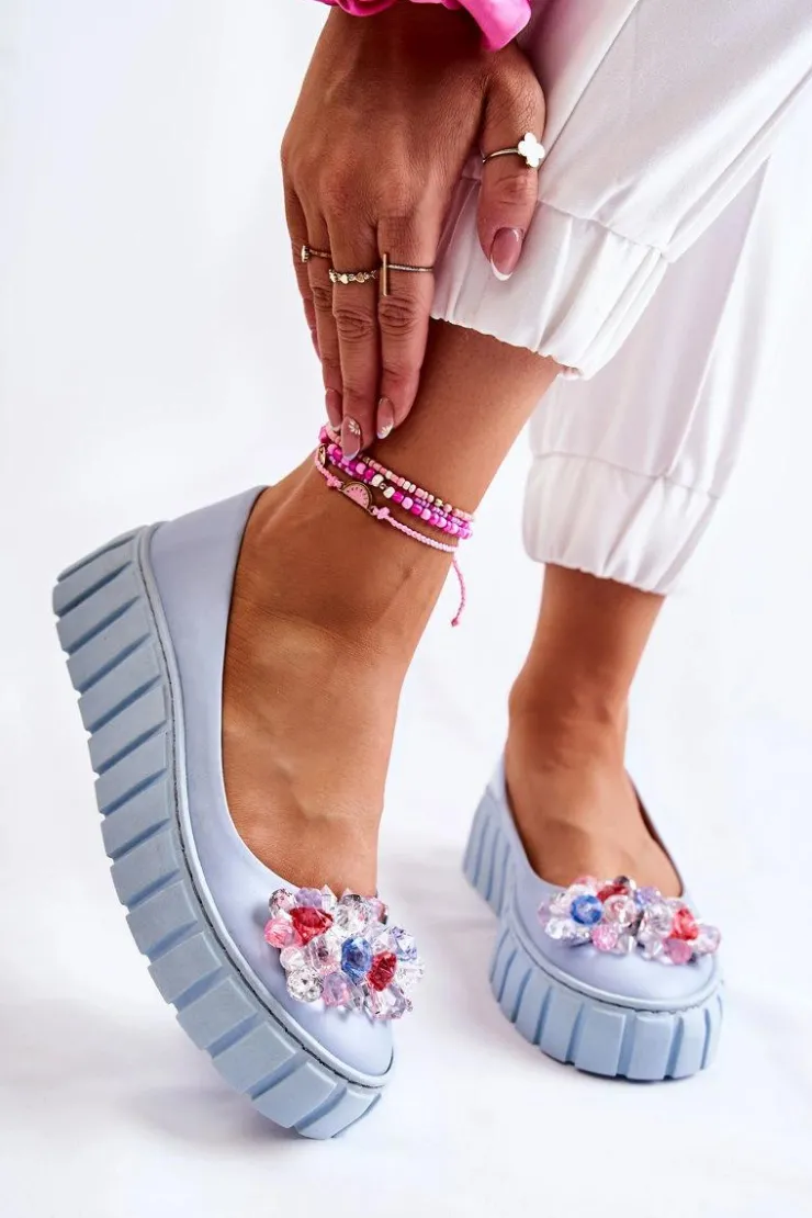 Discount Boto Skórzane Baleriny Na Platformie Z Kolorową Ozdobą Niebieskie Ladette