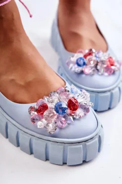 Discount Boto Skórzane Baleriny Na Platformie Z Kolorową Ozdobą Niebieskie Ladette