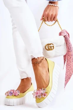 Boto Baleriny Skórzane|Baleriny Klasyczne*Skórzane Baleriny Na Platformie Z Kolorową Ozdobą Żółte Ladette