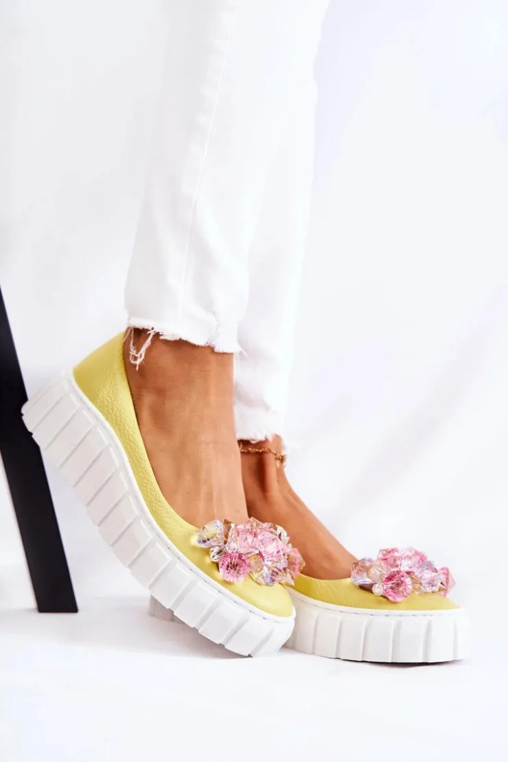 Boto Baleriny Skórzane|Baleriny Klasyczne*Skórzane Baleriny Na Platformie Z Kolorową Ozdobą Żółte Ladette