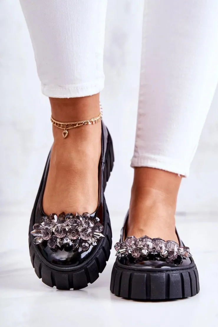 Outlet Boto Skórzane Baleriny Na Platformie Z Ozdobą Czarne Ladette