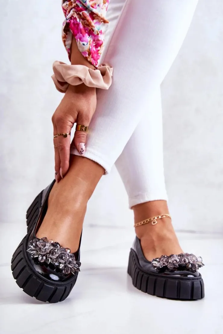 Outlet Boto Skórzane Baleriny Na Platformie Z Ozdobą Czarne Ladette