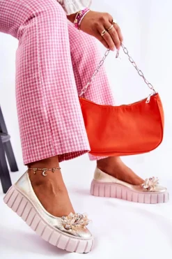 Damskie Boto Skórzane Baleriny Na Platformie Z Ozdobą Złote Ladette