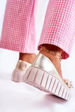 Damskie Boto Skórzane Baleriny Na Platformie Z Ozdobą Złote Ladette