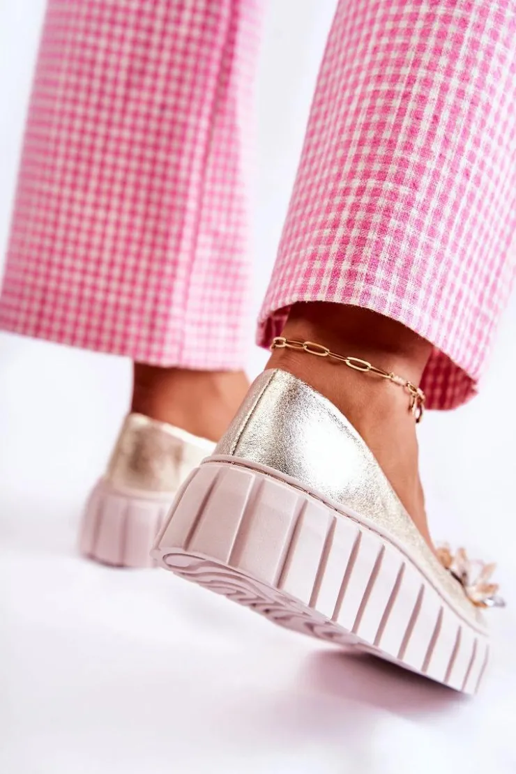 Damskie Boto Skórzane Baleriny Na Platformie Z Ozdobą Złote Ladette