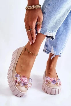 Damskie Boto Skórzane Baleriny Na Platformie Z Kolorową Ozdobą Beżowe Ladette