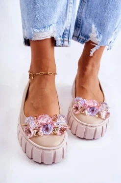 Damskie Boto Skórzane Baleriny Na Platformie Z Kolorową Ozdobą Beżowe Ladette