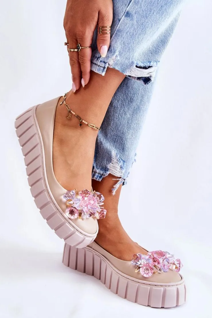 Damskie Boto Skórzane Baleriny Na Platformie Z Kolorową Ozdobą Beżowe Ladette