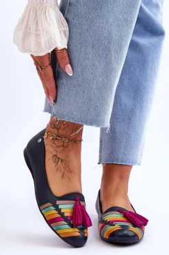 New Maciejka Skórzane Baleriny Z Frędzlami 04016-17 Granatowe