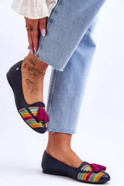 New Maciejka Skórzane Baleriny Z Frędzlami 04016-17 Granatowe