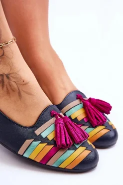 New Maciejka Skórzane Baleriny Z Frędzlami 04016-17 Granatowe