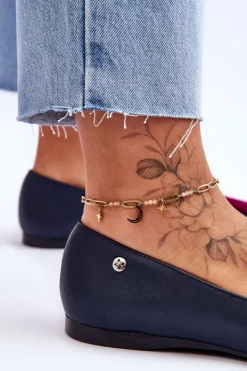 New Maciejka Skórzane Baleriny Z Frędzlami 04016-17 Granatowe