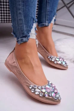 Sale Boto Skórzane Baleriny z Kamieniami Różowe Złoto Crystal