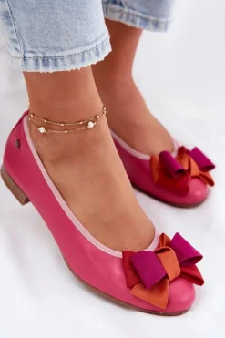 Outlet Maciejka Skórzane Baleriny Z Kokardką P6801-15 Fuksja