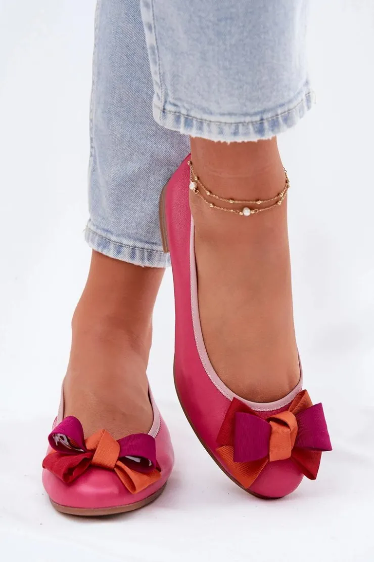 Outlet Maciejka Skórzane Baleriny Z Kokardką P6801-15 Fuksja