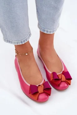 Outlet Maciejka Skórzane Baleriny Z Kokardką P6801-15 Fuksja