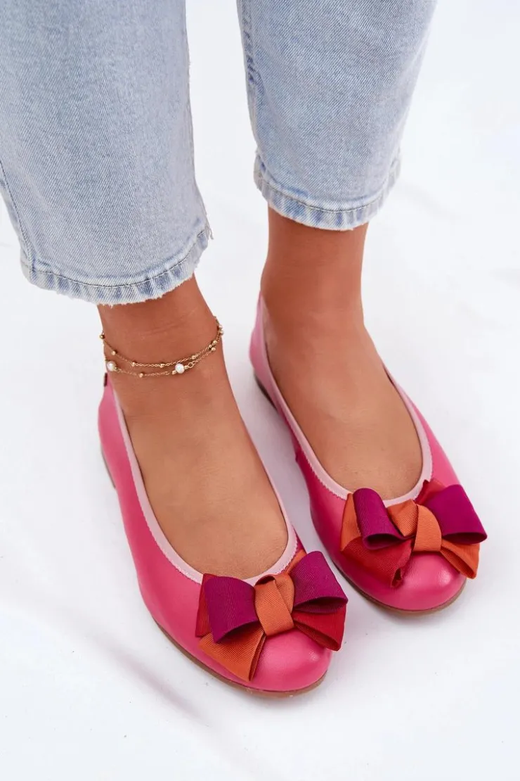 Outlet Maciejka Skórzane Baleriny Z Kokardką P6801-15 Fuksja