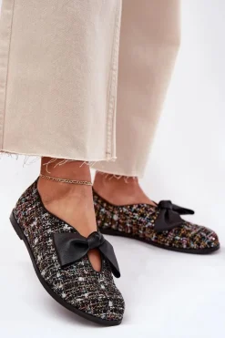 Outlet Laura Messi Skórzane Baleriny Z Kokardą 2921 Czarne