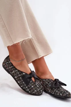 Outlet Laura Messi Skórzane Baleriny Z Kokardą 2921 Czarne