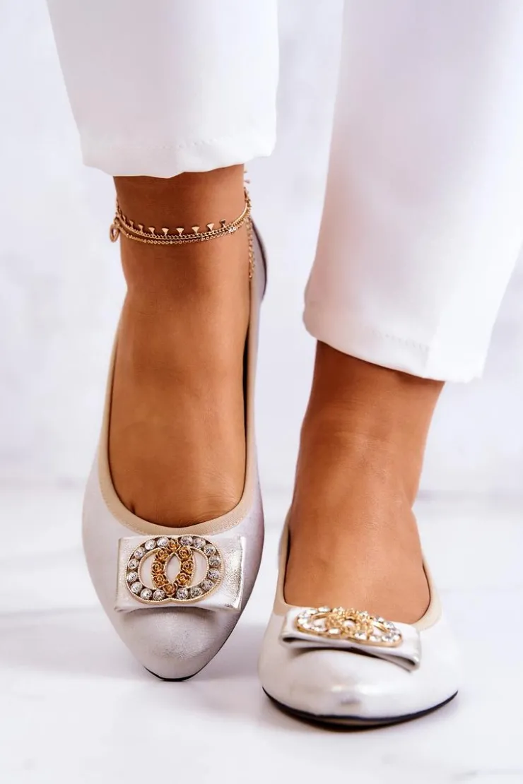 Boto Baleriny Skórzane|Baleriny Klasyczne*Skórzane Baleriny Z Ozdobą Biało-Złote Joliet