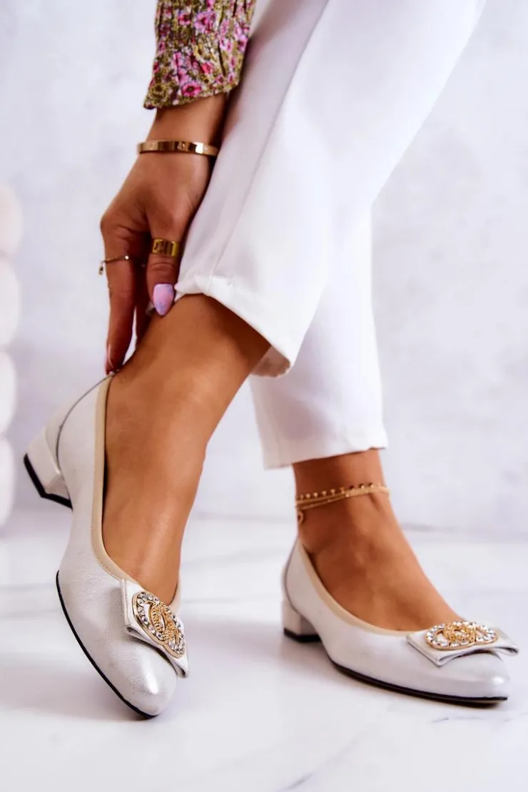 Boto Baleriny Skórzane|Baleriny Klasyczne*Skórzane Baleriny Z Ozdobą Biało-Złote Joliet