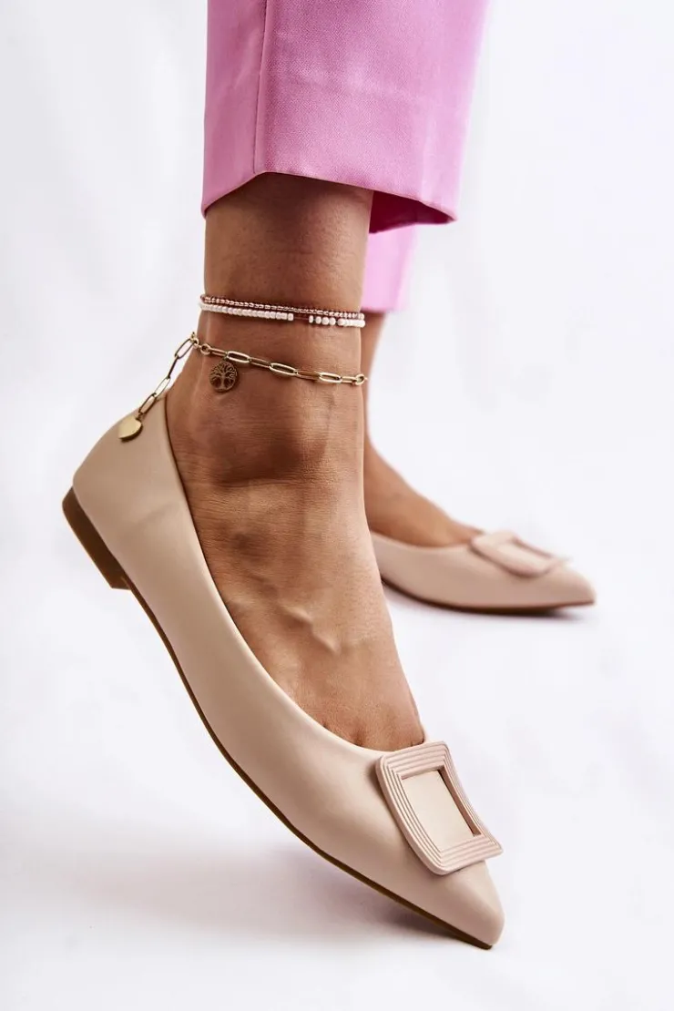 New Boto Skórzane Baleriny Z Ozdobą W Szpic Beżowe Simone