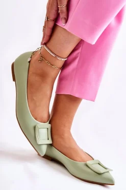 Best Boto Skórzane Baleriny Z Ozdobą W Szpic Zielone Simone