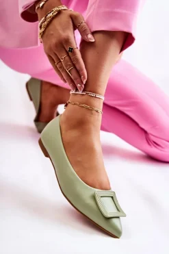 Best Boto Skórzane Baleriny Z Ozdobą W Szpic Zielone Simone