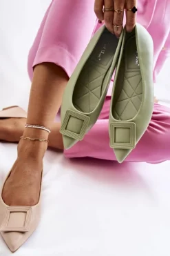 Best Boto Skórzane Baleriny Z Ozdobą W Szpic Zielone Simone