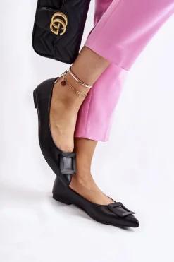 Damskie Boto Skórzane Baleriny Z Ozdobą W Szpic Czarne Simone