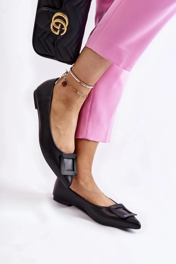 Damskie Boto Skórzane Baleriny Z Ozdobą W Szpic Czarne Simone