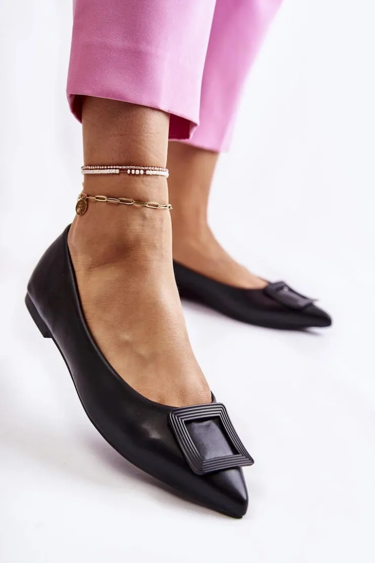 Damskie Boto Skórzane Baleriny Z Ozdobą W Szpic Czarne Simone