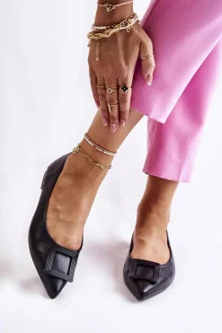 Damskie Boto Skórzane Baleriny Z Ozdobą W Szpic Czarne Simone