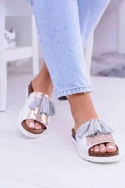 Maciejka Klapki Damskie Klasyczne*Skórzane Białe Eleganckie Klapki Resto