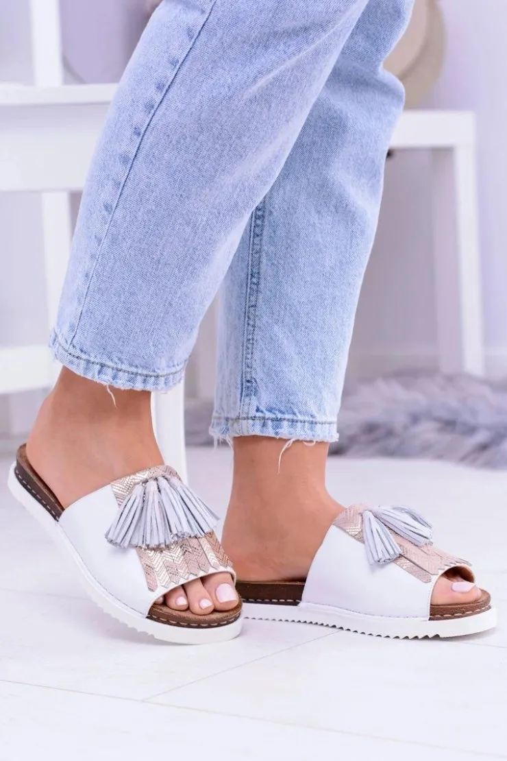 Maciejka Klapki Damskie Klasyczne*Skórzane Białe Eleganckie Klapki Resto