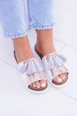 Maciejka Klapki Damskie Klasyczne*Skórzane Białe Eleganckie Klapki Resto