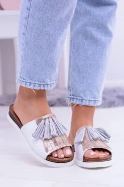 Maciejka Klapki Damskie Klasyczne*Skórzane Białe Eleganckie Klapki Resto