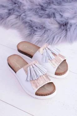 Maciejka Klapki Damskie Klasyczne*Skórzane Białe Eleganckie Klapki Resto