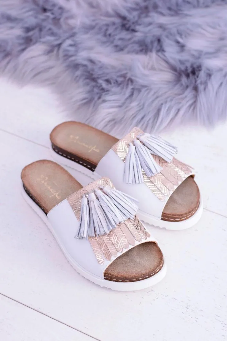 Maciejka Klapki Damskie Klasyczne*Skórzane Białe Eleganckie Klapki Resto