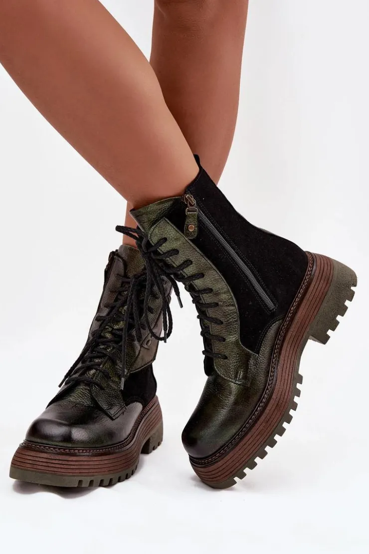 Maciejka Botki Ocieplane|Botki Maciejka*Skórzane Botki Damskie Na Platformie 07104-09 Ciemnozielone