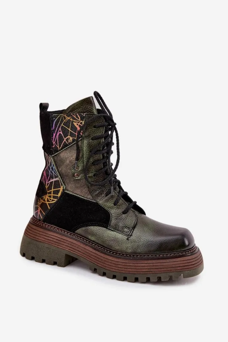 Maciejka Botki Ocieplane|Botki Maciejka*Skórzane Botki Damskie Na Platformie 07104-09 Ciemnozielone