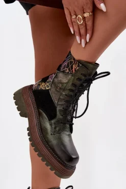 Maciejka Botki Ocieplane|Botki Maciejka*Skórzane Botki Damskie Na Platformie 07104-09 Ciemnozielone