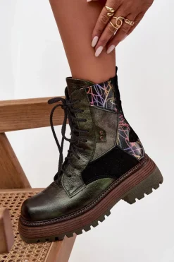 Maciejka Botki Ocieplane|Botki Maciejka*Skórzane Botki Damskie Na Platformie 07104-09 Ciemnozielone