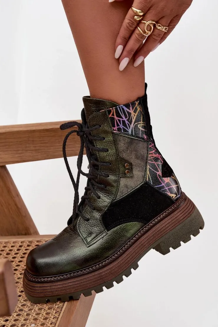 Maciejka Botki Ocieplane|Botki Maciejka*Skórzane Botki Damskie Na Platformie 07104-09 Ciemnozielone