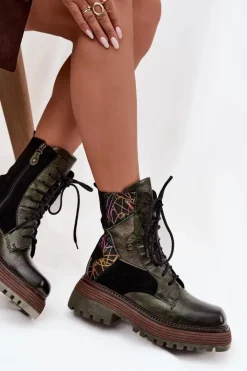 Maciejka Botki Ocieplane|Botki Maciejka*Skórzane Botki Damskie Na Platformie 07104-09 Ciemnozielone