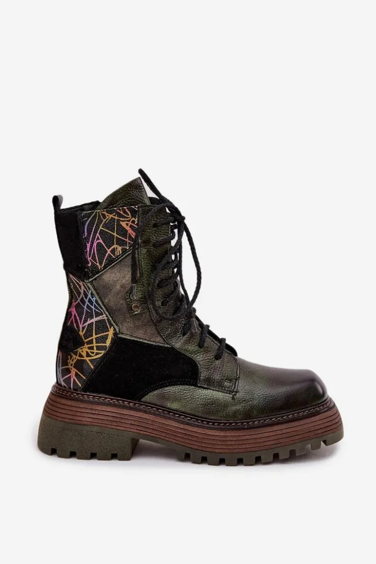 Maciejka Botki Ocieplane|Botki Maciejka*Skórzane Botki Damskie Na Platformie 07104-09 Ciemnozielone