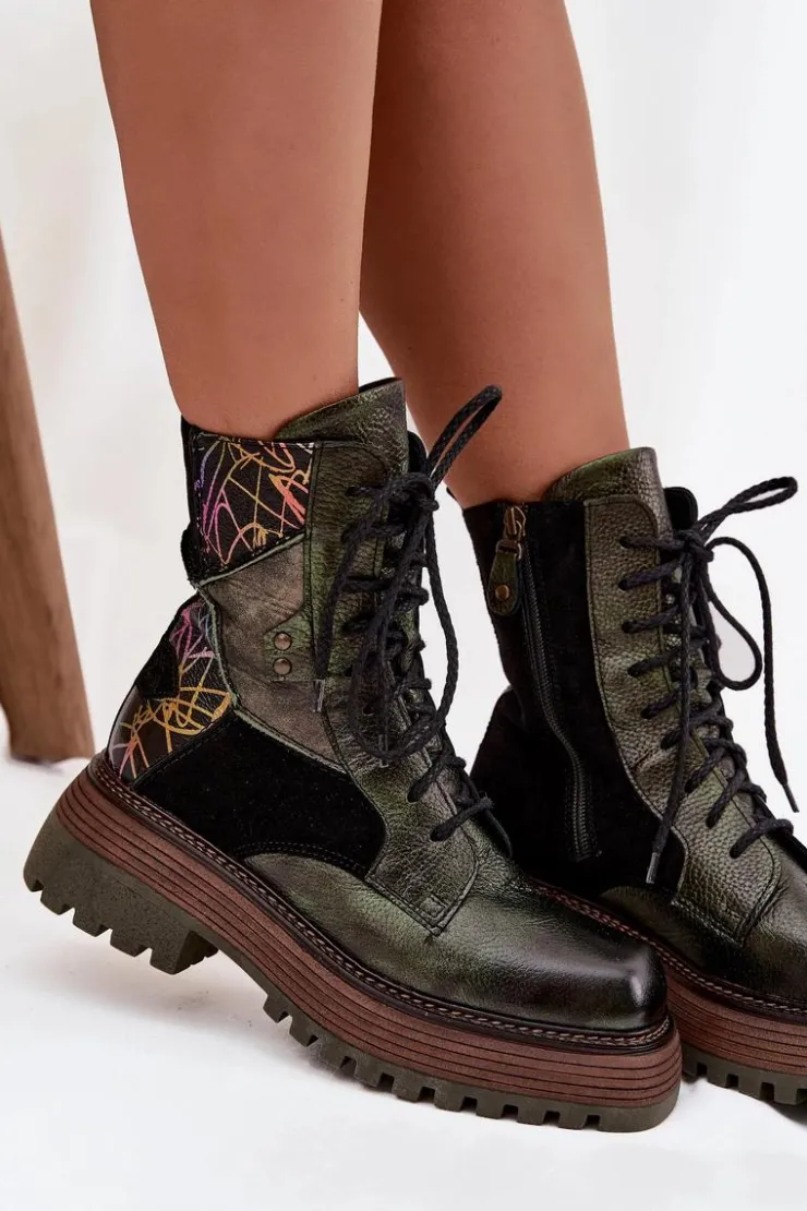 Maciejka Botki Ocieplane|Botki Maciejka*Skórzane Botki Damskie Na Platformie 07104-09 Ciemnozielone