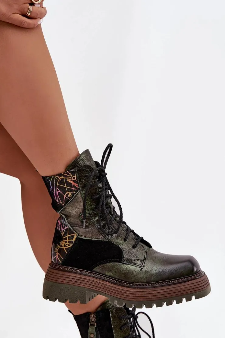 Maciejka Botki Ocieplane|Botki Maciejka*Skórzane Botki Damskie Na Platformie 07104-09 Ciemnozielone