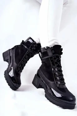 Damskie Boto Skórzane Botki Czarne Meridiah