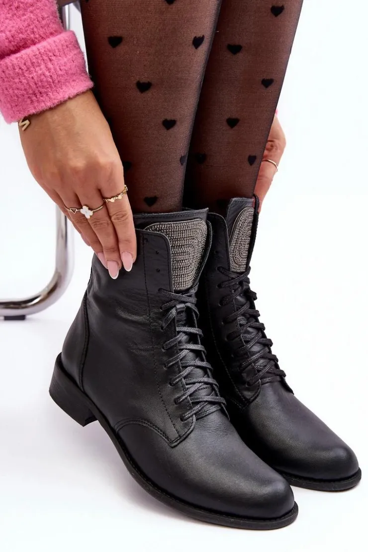 Damskie Boto Skórzane Botki Damskie Czarne Nicole 2848